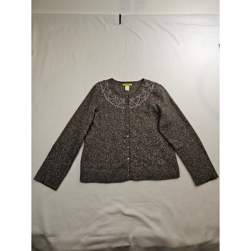 Sigrid Olsen Brown Marled Beaded Gemstone Floral Cardigan Sweater Womens Large